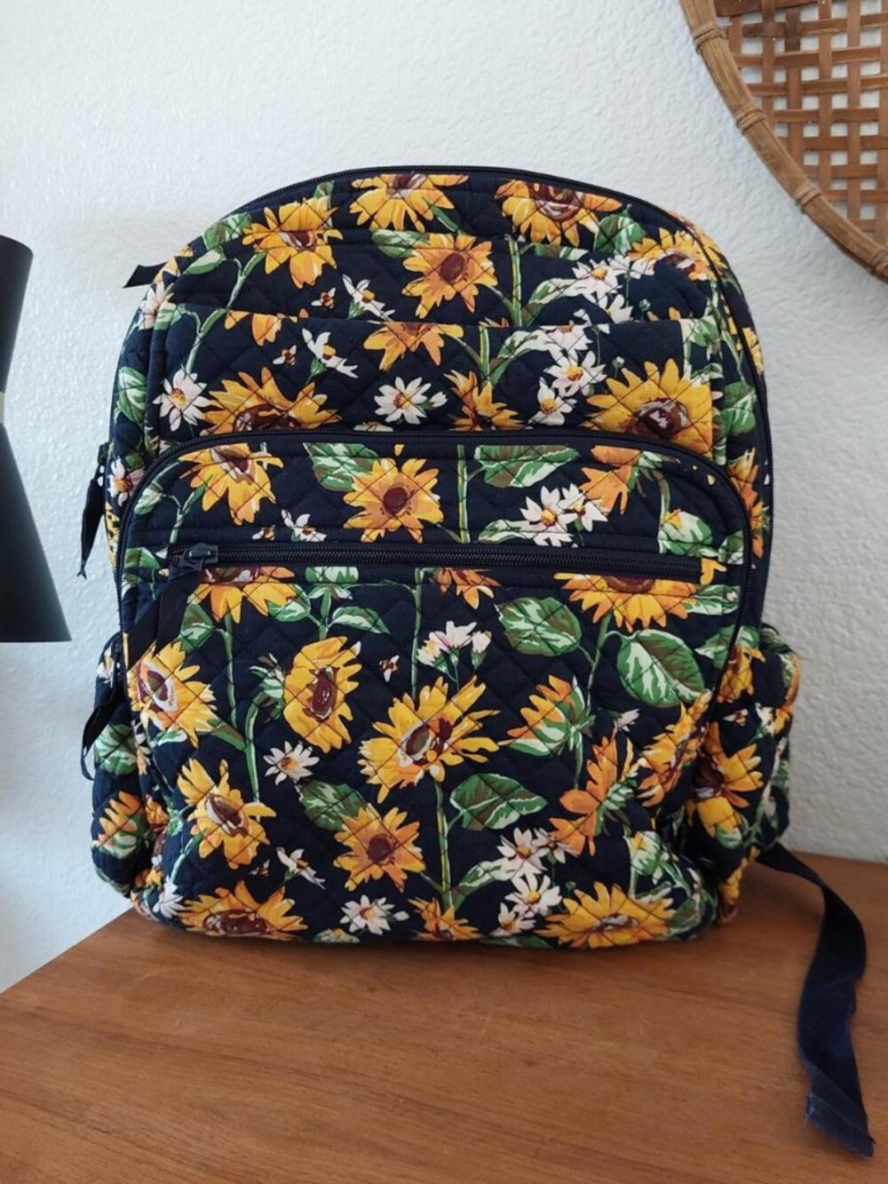 SOLD Vera Bradley Sunflowers XL Campus Backpack featuring a quilted navy fabric